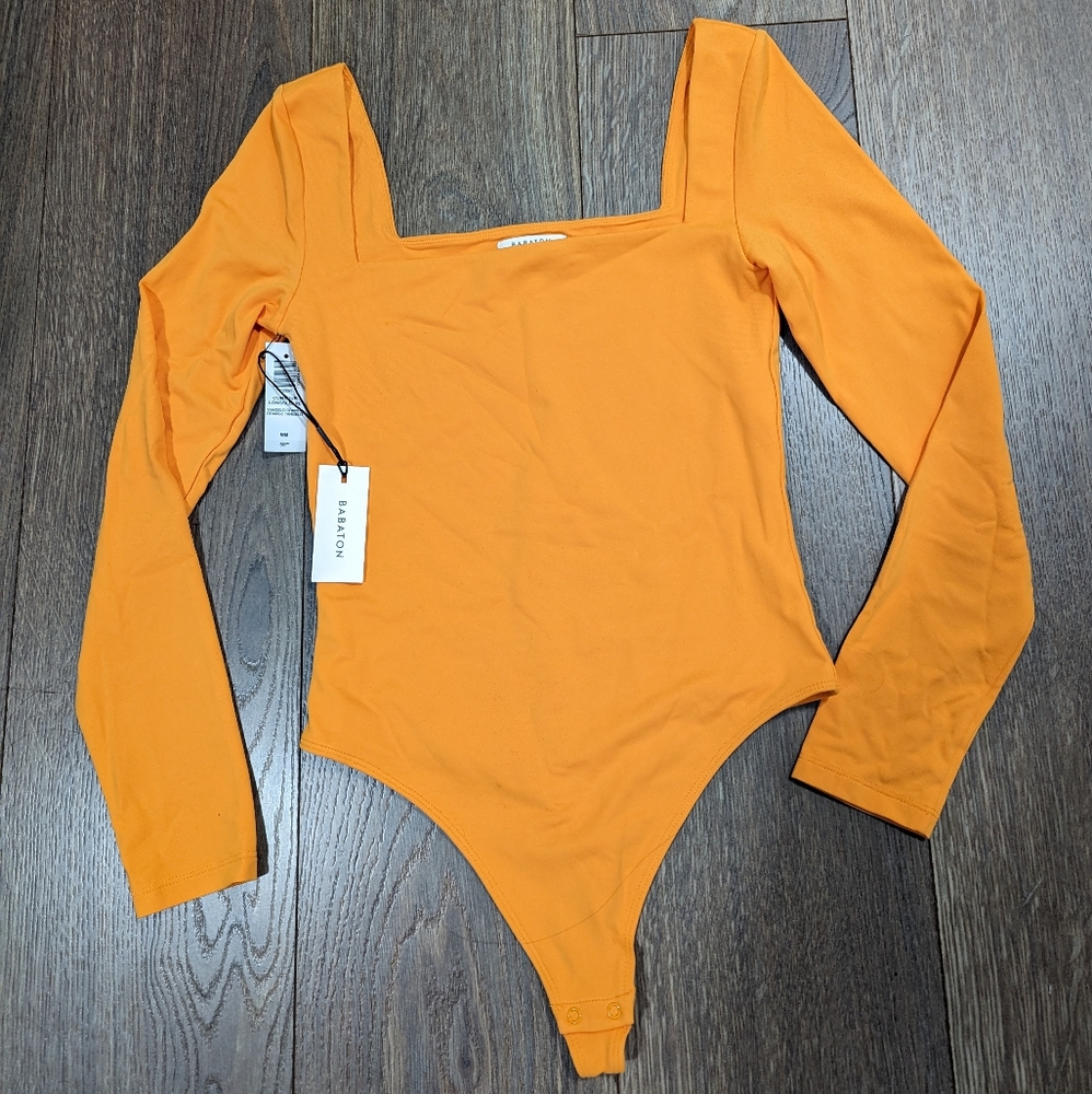 BABATON | Aritizia, NWT Orange square neck, long sleeve thong bodysuit, Medium - Picture 2 of 6